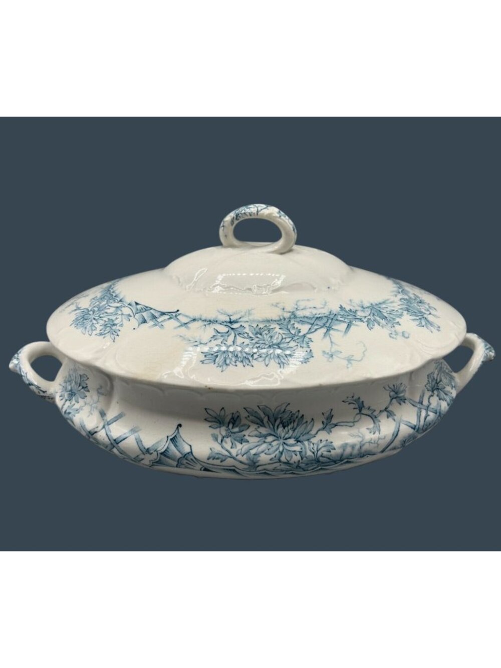 Antique Old Hall England ASHANTI Blue Transferware Covered Serving Tureen 8.5"